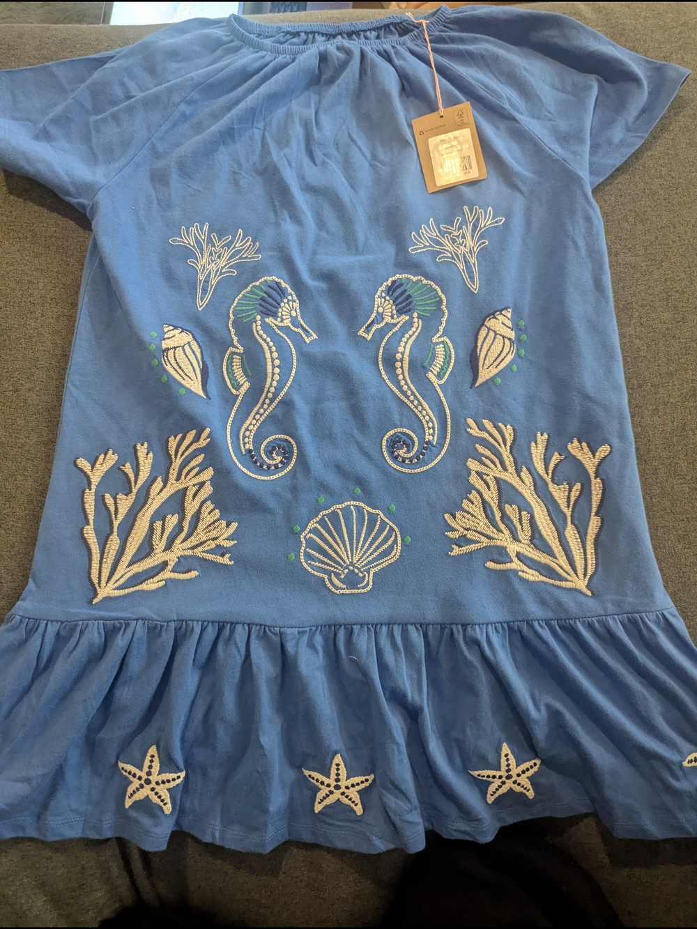 Mini Boden Blue Embroidered Seahorse Jersey Dress NWT